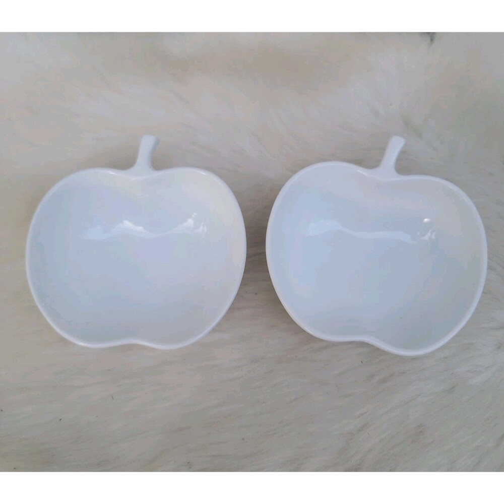 Set Of 2 crate and barrel small White Ceramic apple shaped sauce snack bowls